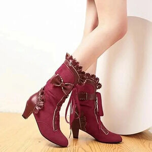 Mid Calf Women boots Mid Heels Lace Up Victorian style burgandy boots